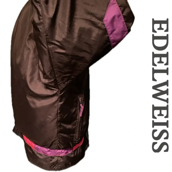 VINTAGE 80s 90s Edelweiss Skiwear Puffer Ski Jacket Snow Parka Black Pink Purple